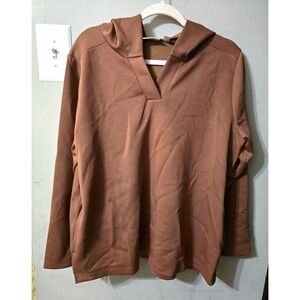 Weekend Susan Graver Brown Hooded Knit Hoodie V-Neck Long Sleeve Size L
